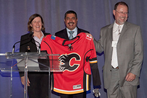 Ambassador Bahah was absolutely thrilled to receive Calgary Flames Jersey #12